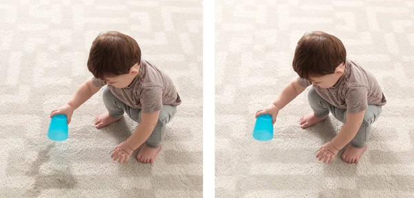 Bebé vertiendo agua de la taza. Alfombra antes y después de la limpieza — Foto de Stock