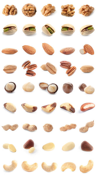 Set of different delicious organic nuts on white background 