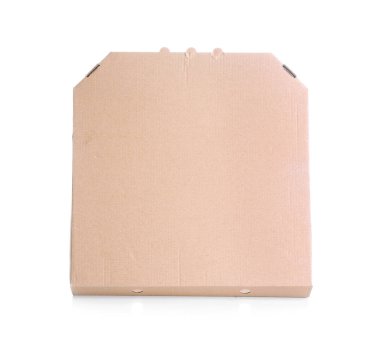 Karton pizza kutusu beyaz arka planda, üstten görünüm. Mockup tasarım için
