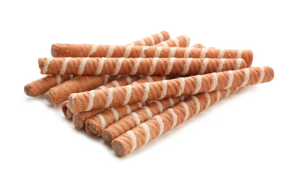 Tasty wafer roll sticks on white background. Crispy food — Stock Photo, Image