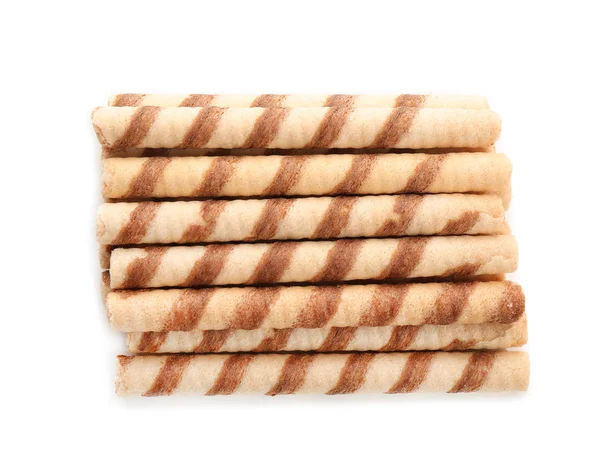 Tasty wafer roll sticks on white background, top view. Crispy food — Stock Photo, Image