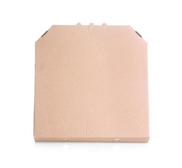 Caixa de pizza de papelão no fundo branco, vista superior. Mockup para design — Fotografia de Stock
