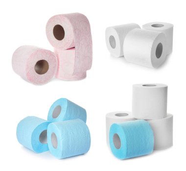 Tuvalet kağıdı kümesi beyaz arka plan üzerinde rulo