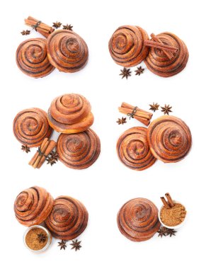 Tatlı lezzetli tarçın rulo ve malzemelerin üzerine beyaz arka plan, üstten görünüm