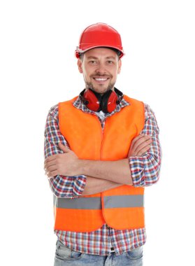Beyaz arka plan üzerinde üniformalı erkek endüstri mühendisi. Güvenlik ekipmanları