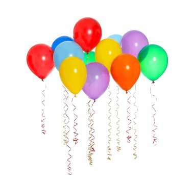Beyaz arka plan üzerinde yüzen birçok renkli balon