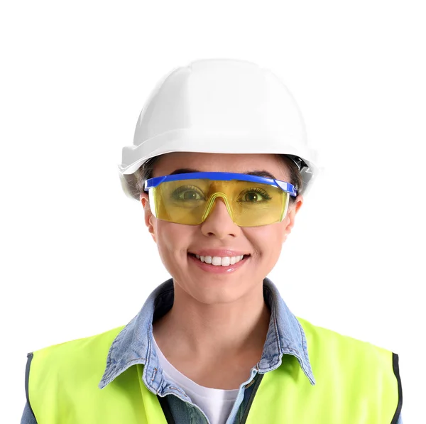 Női ipari mérnök, egységes a fehér háttér előtt. Biztonsági berendezések — Stock Fotó