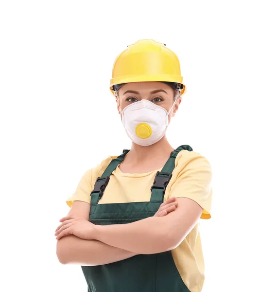 Industriearbeiterin in Uniform auf weißem Hintergrund. Sicherheitsausrüstung — Stockfoto