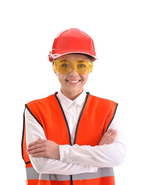 Θηλυκό βιομηχανική μηχανικός σε ομοιόμορφο σε άσπρο φόντο. Εξοπλισμός ασφαλείας — Φωτογραφία Αρχείου