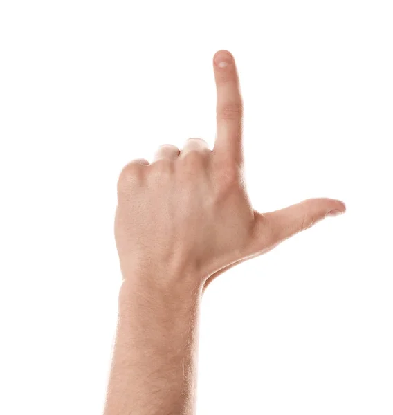 Чоловік вказує на щось на білому тлі, крупним планом руки — стокове фото