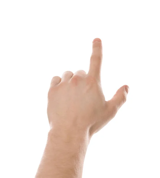Ο άνθρωπος δείχνει κάτι σε λευκό φόντο, κοντινό πλάνο του χεριού — Φωτογραφία Αρχείου
