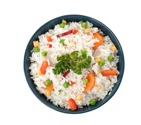 Cuenco con sabroso arroz y verduras sobre fondo blanco, vista superior — Foto de Stock