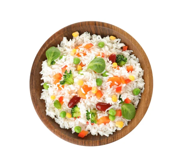 Tigela com arroz saboroso e legumes no fundo branco, vista superior — Fotografia de Stock