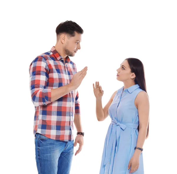 Hörselskadade vänner använder teckenspråk för kommunikation isolerad på vit — Stockfoto