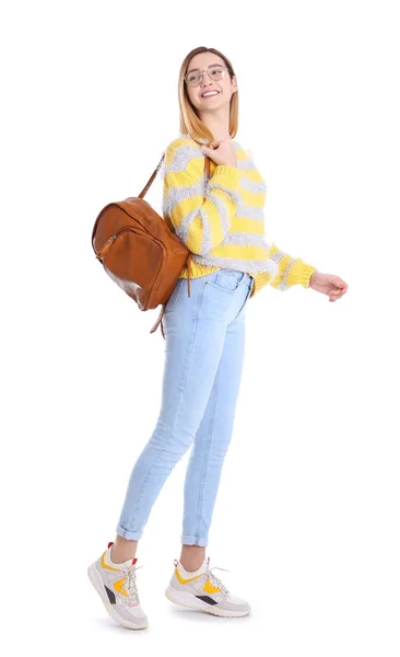Menina adolescente com mochila no fundo branco — Fotografia de Stock
