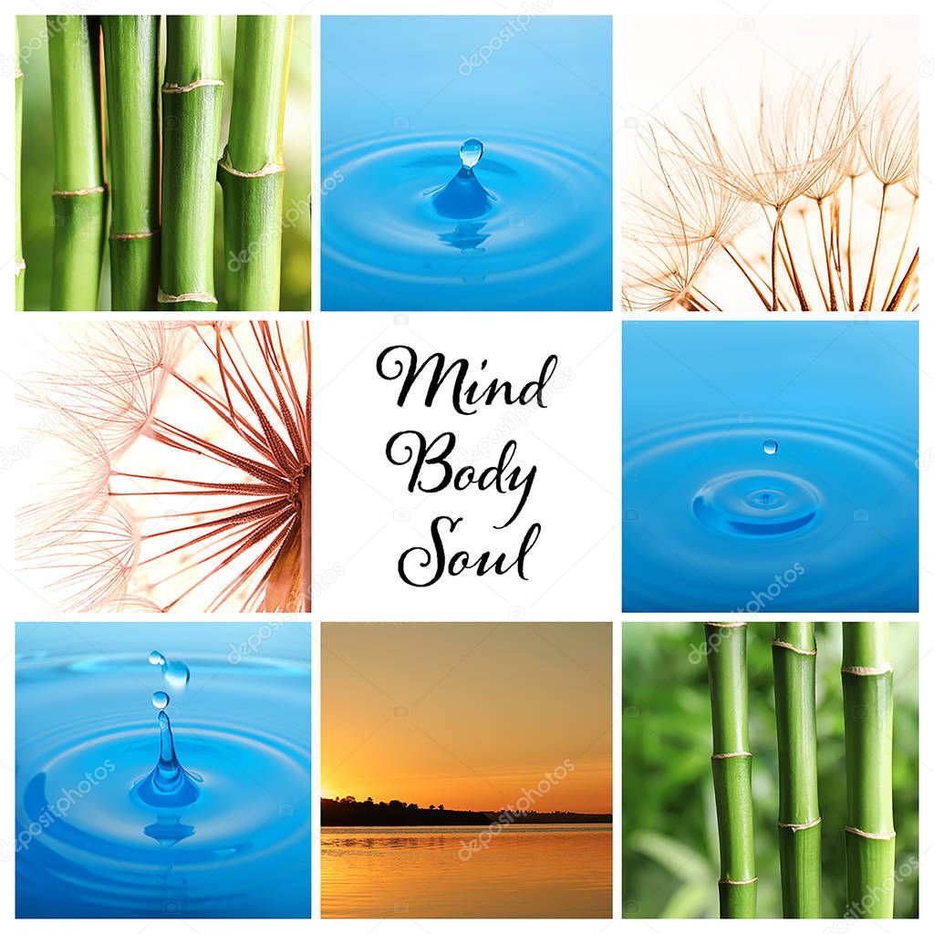 Collage of different beautiful pictures and text Mind, Body, Soul. Zen, balance, harmony 