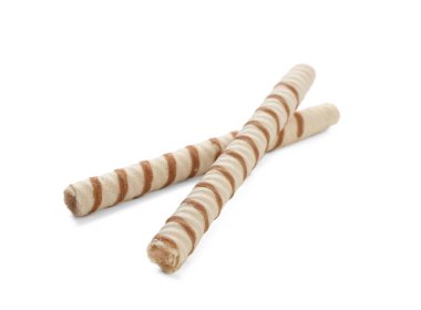 Lezzetli gofret rulo beyaz arka plan üzerinde sopa. Çıtır gıda