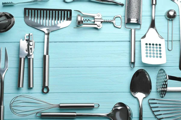 Flat lay composition with different kitchen utensils on color background, space for text — Stock Photo, Image