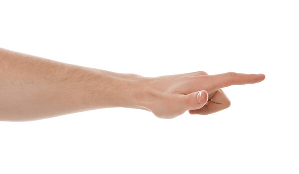 Man pointing at something on white background, closeup of hand