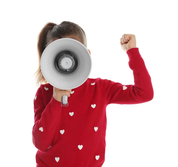 Roztomilá legrační dívka s megafon na bílém pozadí — Stock fotografie