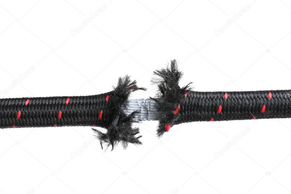 Rupture of climbing rope on white background