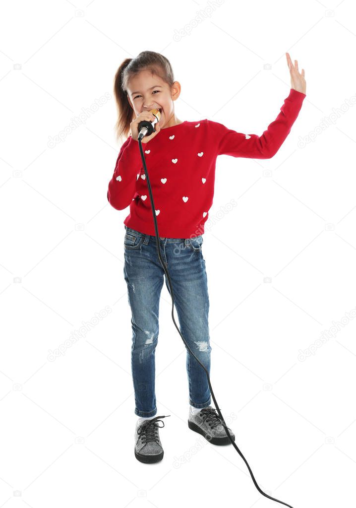 Cute funny girl with microphone on white background