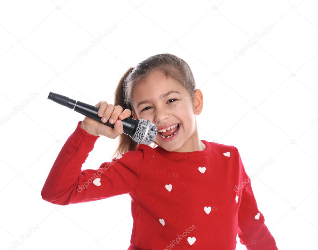 Cute funny girl with microphone on white background