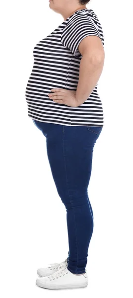 Overweight woman on white background, closeup. Weight loss — Stock Photo, Image