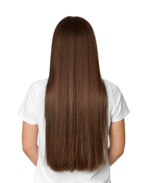 Žena s dlouhé hnědé vlasy na bílém pozadí — Stock fotografie