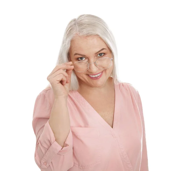 Retrato de mujer madura aislada en blanco — Foto de Stock