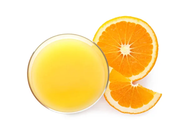 Glass with orange juice and fresh fruit on white background, top view — Stock Photo, Image