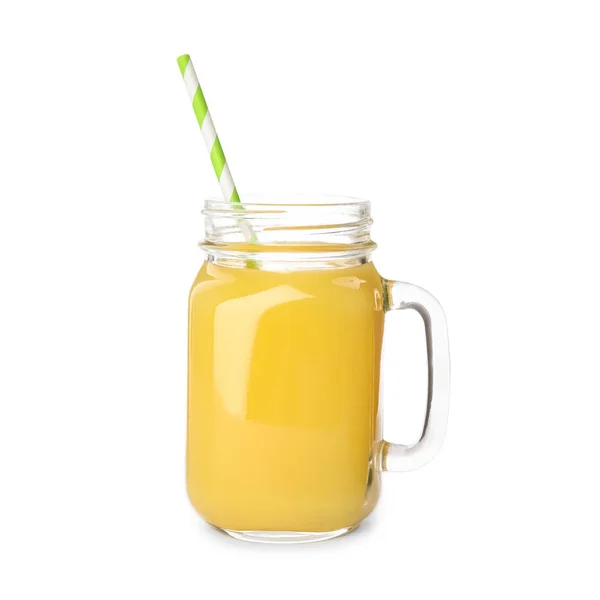 Tarro Mason de jugo de naranja sobre fondo blanco — Foto de Stock