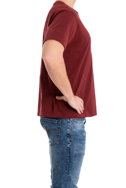 Young man on white background, closeup. Weight loss — Stock Photo, Image