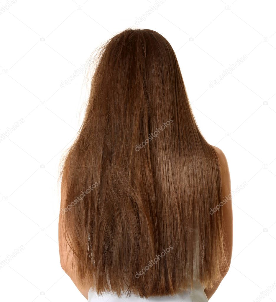 Woman before and after hair treatment on white background