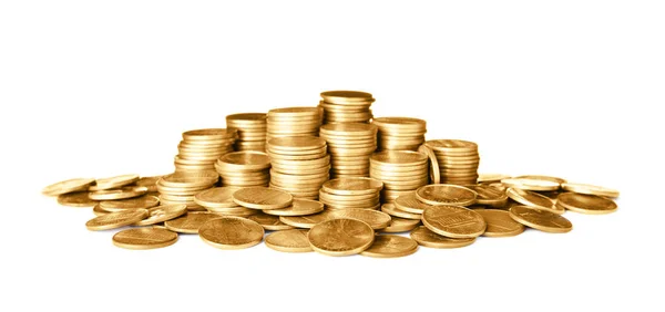 Vele glanzende gouden munten op witte achtergrond — Stockfoto