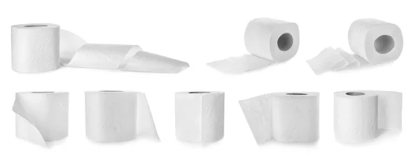Набор рулонов туалетной бумаги на белом фоне — стоковое фото