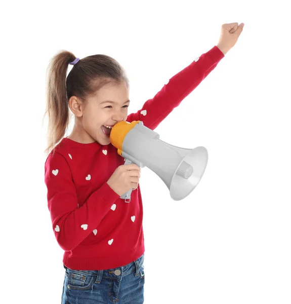 Menina engraçada bonito com megafone no fundo branco — Fotografia de Stock