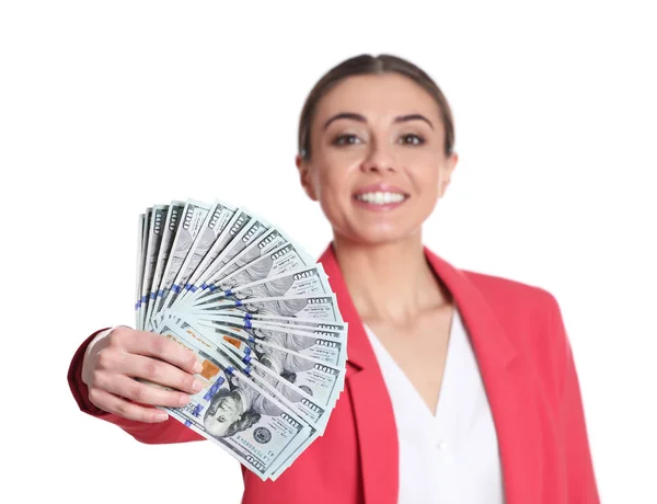 Portrait of young woman holding money banknotes on white background — Stock Photo, Image