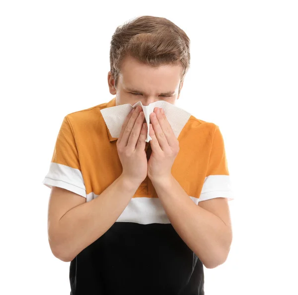 Adolescente sofrendo de tosse isolada no branco — Fotografia de Stock
