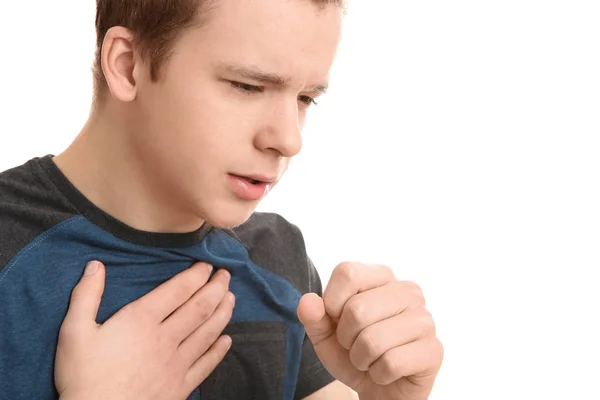 Adolescente sofrendo de tosse isolada no branco — Fotografia de Stock