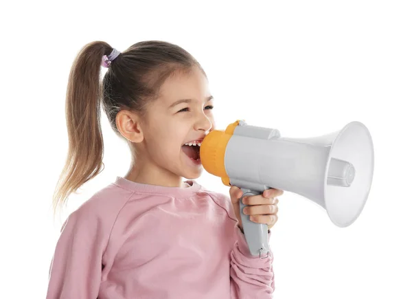 Linda chica divertida con megáfono sobre fondo blanco —  Fotos de Stock