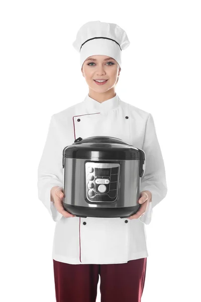 女性厨师与现代多炊具在白色背景 — 图库照片