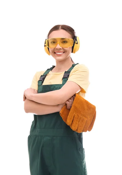 Průmyslové zaměstnankyně v uniformě na bílém pozadí. Bezpečnostní vybavení — Stock fotografie