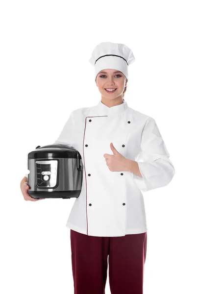 女性厨师与现代多炊具在白色背景 — 图库照片