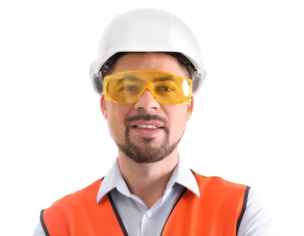 Engenheiro industrial masculino em uniforme sobre fundo branco. Equipamento de segurança — Fotografia de Stock