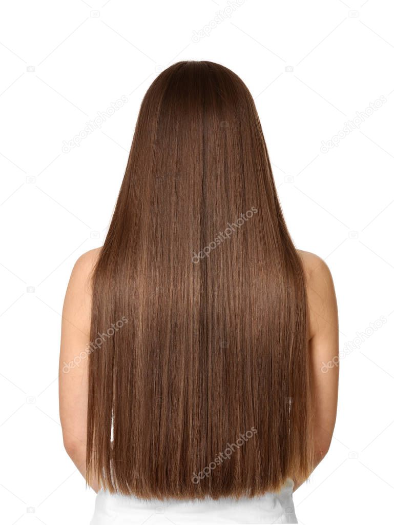 Woman with long brown hair on white background