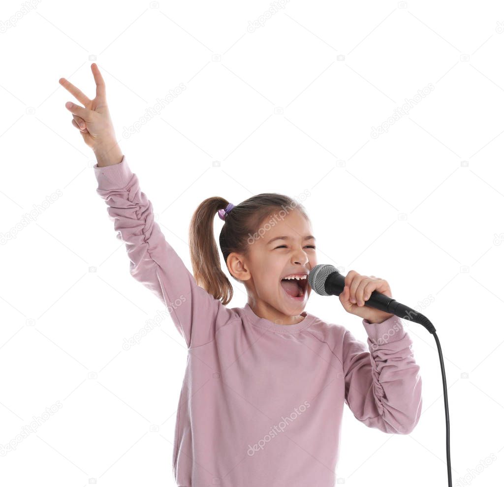 Cute funny girl with microphone on white background