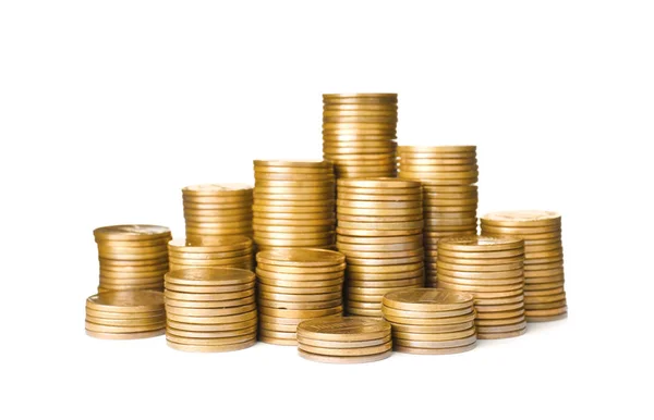 Stacks of shiny coins on white background — Stock Photo, Image