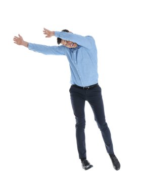 Beyaz arka plan üzerinde poz office aşınmaya duygusal adam