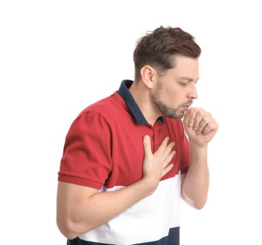 Adam beyaz izole öksürük gelen acı